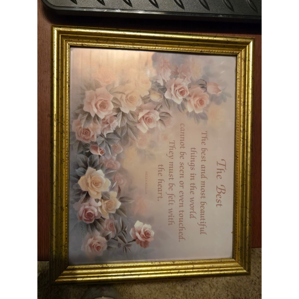 Vintage T.C. Chiu Floral Rose Art Helen Keller Quote Ornate Gold Frame 11x9.25